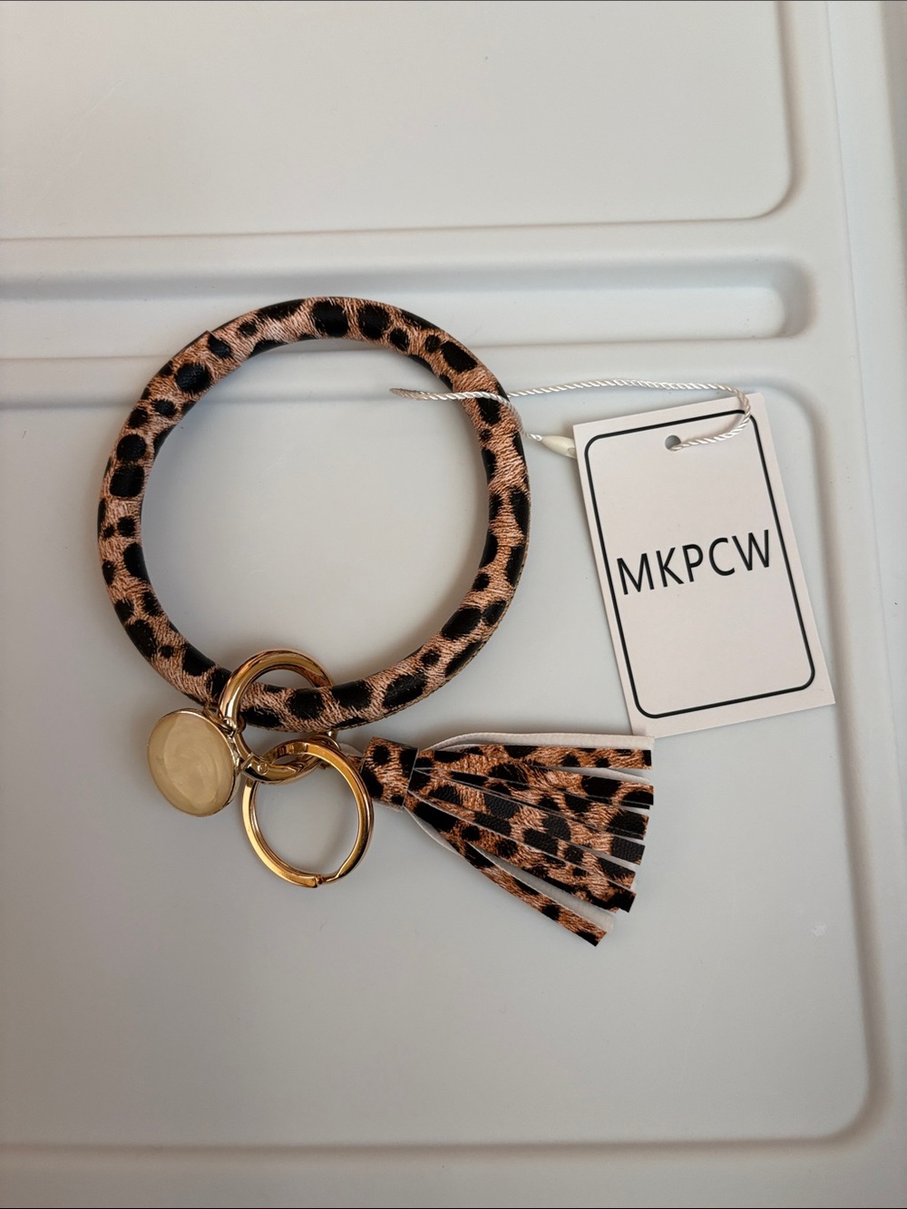 Leopard Print Wristlet Keychain Bracelet with Tassel - Brown